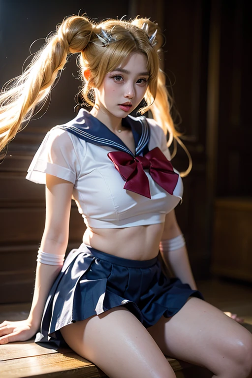 masterpiece, Highest quality, Sailor Moon,One girl 30 th year old, , Long Hair,jewelry, Sailor Warrior Uniform, Blue sailor collar,Blonde, Red choker,White gloves, Twin tails, Red Bow, Blue Skirt, blue eyes, Hair Bun,,show nipples, show vagina, spread legs, wet body.