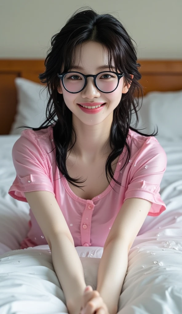 Ultra-high resolution, (Realistic: 1.4), RAW Photos, highest quality, (Realisticistic), concentrate, Soft Light, ((28 years old)), ((Japanese)), ( Young Face))), (Written boundary depth), masterpiece, (Realistic), woman, twintail hair、brown Hair,(Glasses),  Bedroom,lying,from above、Sleep on your back:1.5、(pastel color checked pajamas:1.3)、((open pajamas)),whole body,(no bra),((nipples slip)),(smile),(cleavage:1.3),(breast out:1.3),,