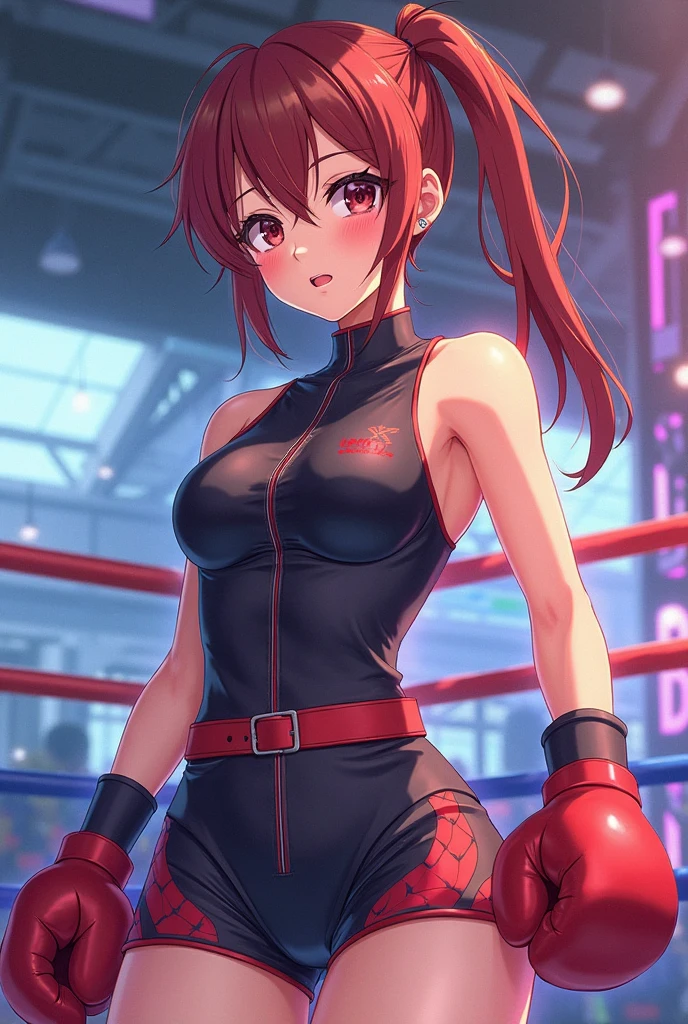 Red-brown hair, long hair, sexy lips, purple leotard, red lip, ((boxing gloves)), brown skin, one woman, absent-minded, sweat and saliva all over the body, abdominal damage marks, serious damage, inferiority, on the verge of fainting, steam, bedroom
