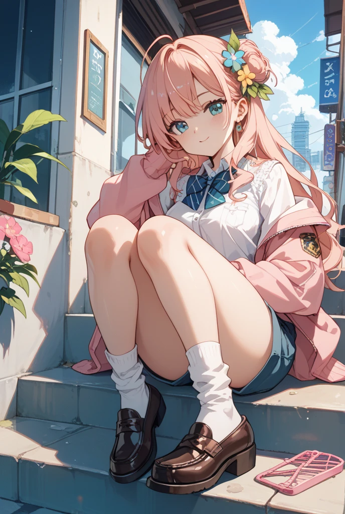 Girl with pink hair, long double-tailed hairstyle, ((small pink bushy eyebrows)), wearing gothic lolita clothing, lolicon , walking to school, bored look, bored face,,, (sitting with legs open lifting her skirt to show her vagina wet with semen),