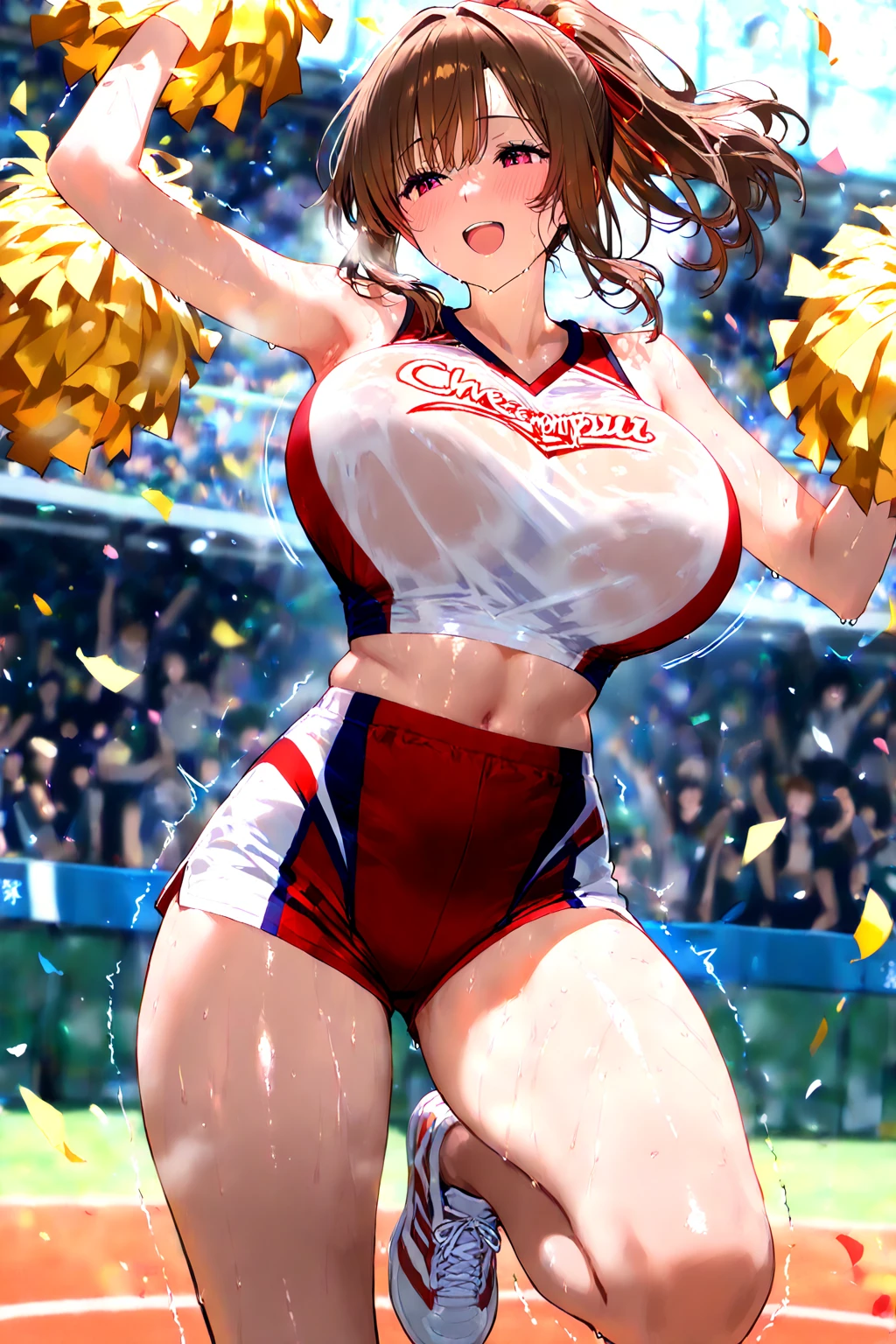 8k, RAW Photos, Highest quality, masterpiece, Realistic, Realistic, (1 Ultimate beauty), ((sexy cheerleader costume))((bikini type uniform)),(Strictly adhere to a composition where only one person appears in the photo)、(At the baseball stadium)(Wear rimless glasses)((Korean baseball cheerleaders))((Itching and crouching))((Squat posture))Highly detailed face, (Perfect Teeth), fine grain, double eyelid, eyelash, Lip details, (((Black short bob hair), (((Very large breasts)))Big Breasts,(((Accentuate your cleavage)))(((Accentuate the crotch)))((Sexy pose))Cowboy Shot,  Soft Light, ((Written boundary depth)) 
Proceed with caution，((,Japanese women)), (((moderately fleshy body, Tight waist))), (((Realistic))