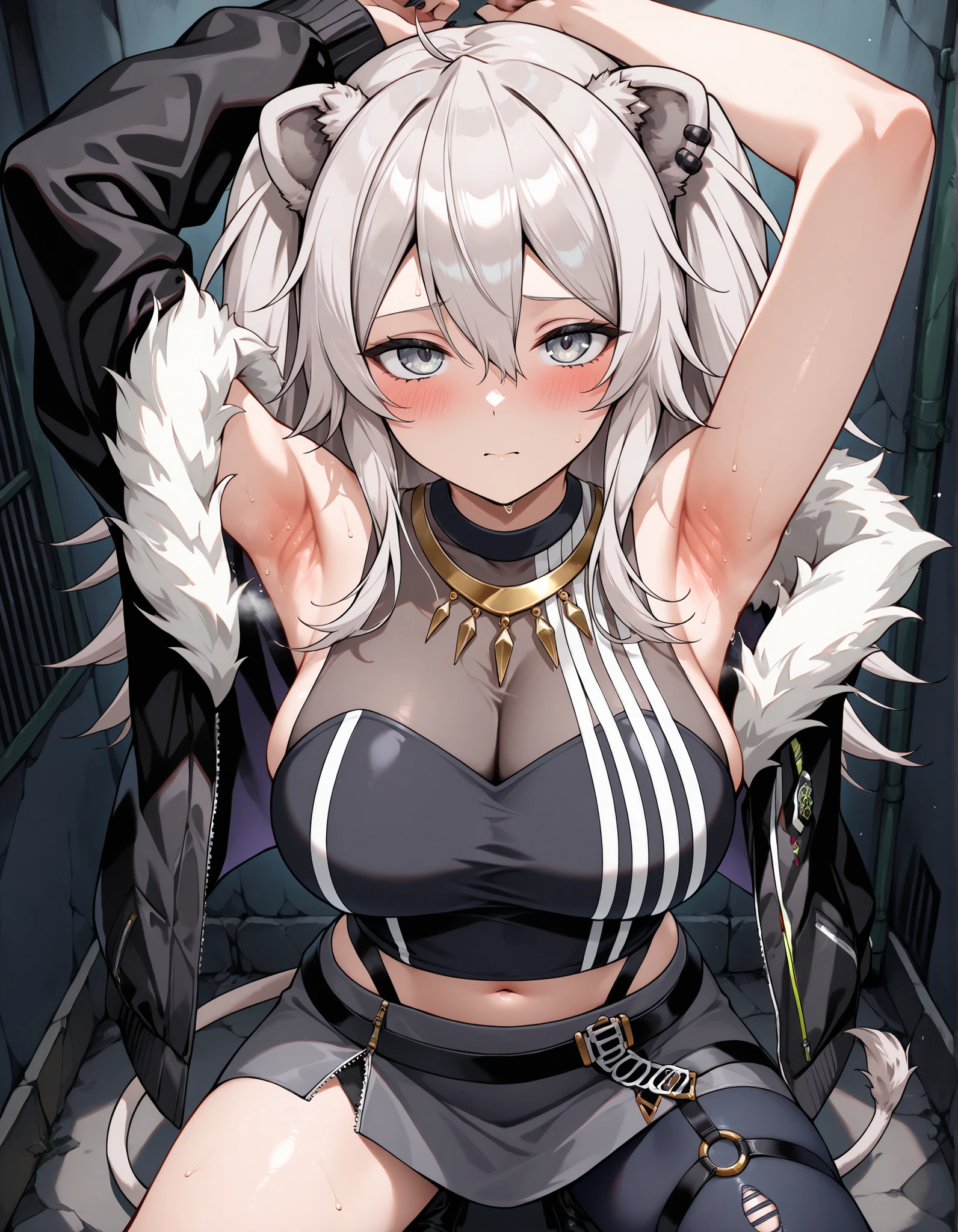 nsfw,shishiro botan, solo,ShishiroBotan, long hair, two side up, ear piercing, lion tail,
BotanBase, long hair, two side up, ear piercing, lion tail, necklace, black shirt, sleeveless shirt, midriff, see-trough, grey skirt, single leg pantyhose, pantyhose, fur-trimmed jacket, black jacket, off shoulder,arms up,show armpit,squatting,back alley,((dark alley)),((midnight)),dark back ground,from above,blush,looking at viewer,((sweat)),upper body,high quality,high detailed,masterpiece