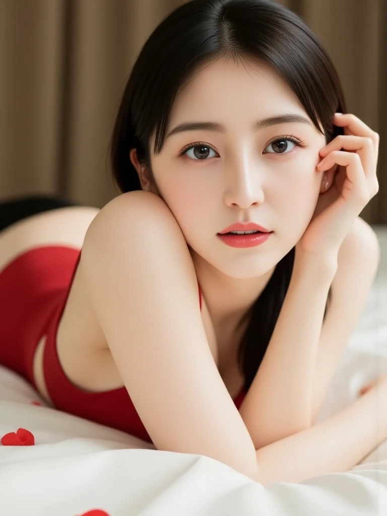 Asian woman in red bikini lying on bed，Smile，，Sexy，Yoshitomo Nara, 1 8 Yes, beast, 20 years old, 2 0, Sexy的 :8, ❤🔥🍄🌪, 22 years old, 2 5 They, 21 years old, 🐎🍑, Sakimichan
