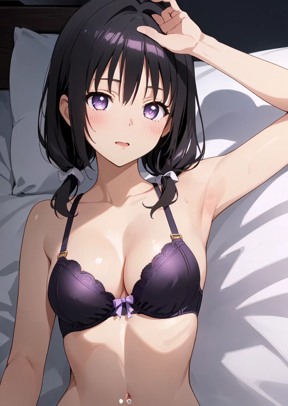 (masterpiece),(best quality),(ultra-detailed),(best illustration),(best shadow),(absurdres),(detailed  hotelroom background),(very aesthetic),hiori kazano, ponytail, black hair, black eyes,,darkpinkmetallic verymicrobikini,covered nipple,cum,cumshot,sitting,spread legs