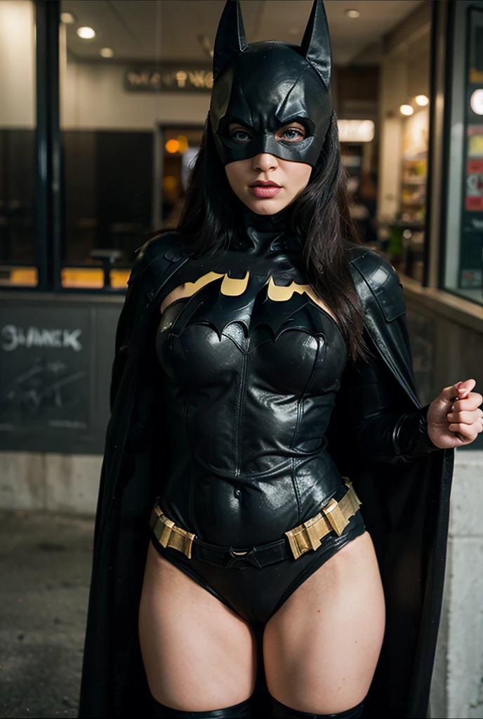 photos D' : cute brunette, tall and slim. she wears a black realistic Batman costume. she is standing ,we can see her entirely. she smiles. she is in Gotham city.