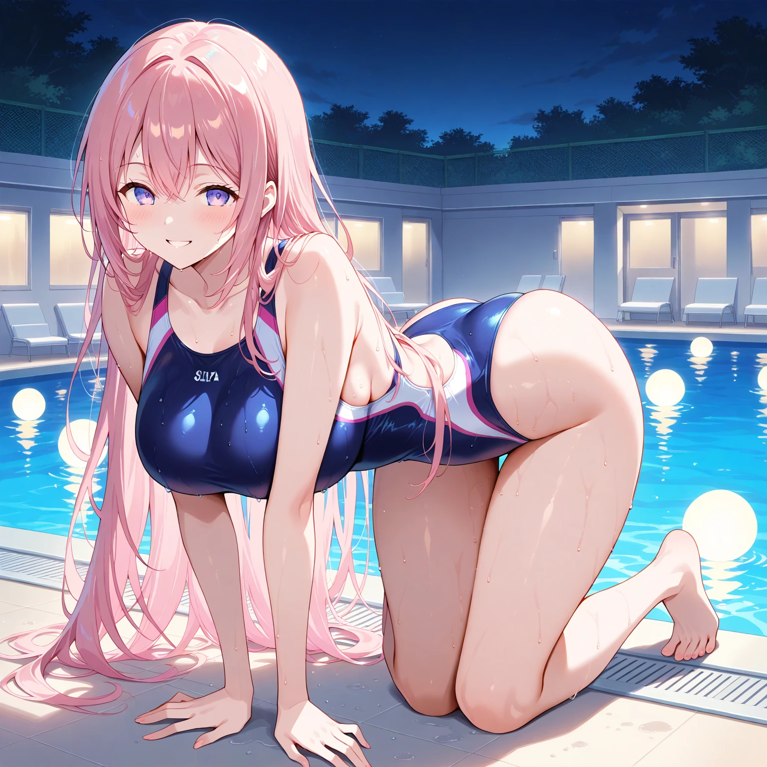 best quality, insanely detailed, nino nakano, one piece swimsuit, breasts, blush, Spread legs, swimming pool, back style