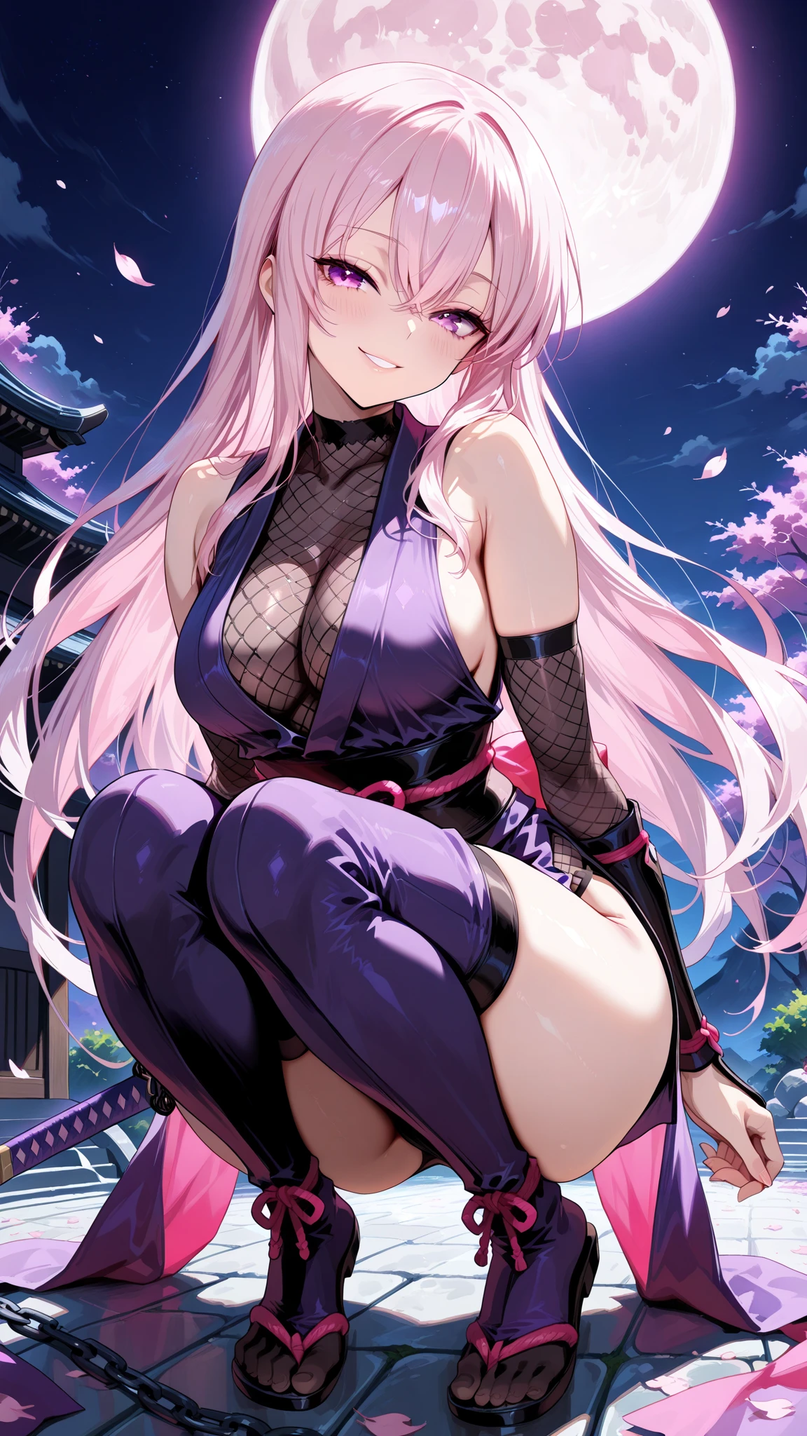 1girl ,ingrid,dark skin, dark-skinned female, very long hair, yellow eyes, purple lips, pink hair, forehead, hair intakes, mole under mouth, mole, large breasts, shrug ,midriff ,pink micro skirt,nipple,topless, makeup,smile,hand behind head,  outdoor,spread legs,garter belt ,night,standing,(condom belt:1.6), condom, (thigh strap:1.1),