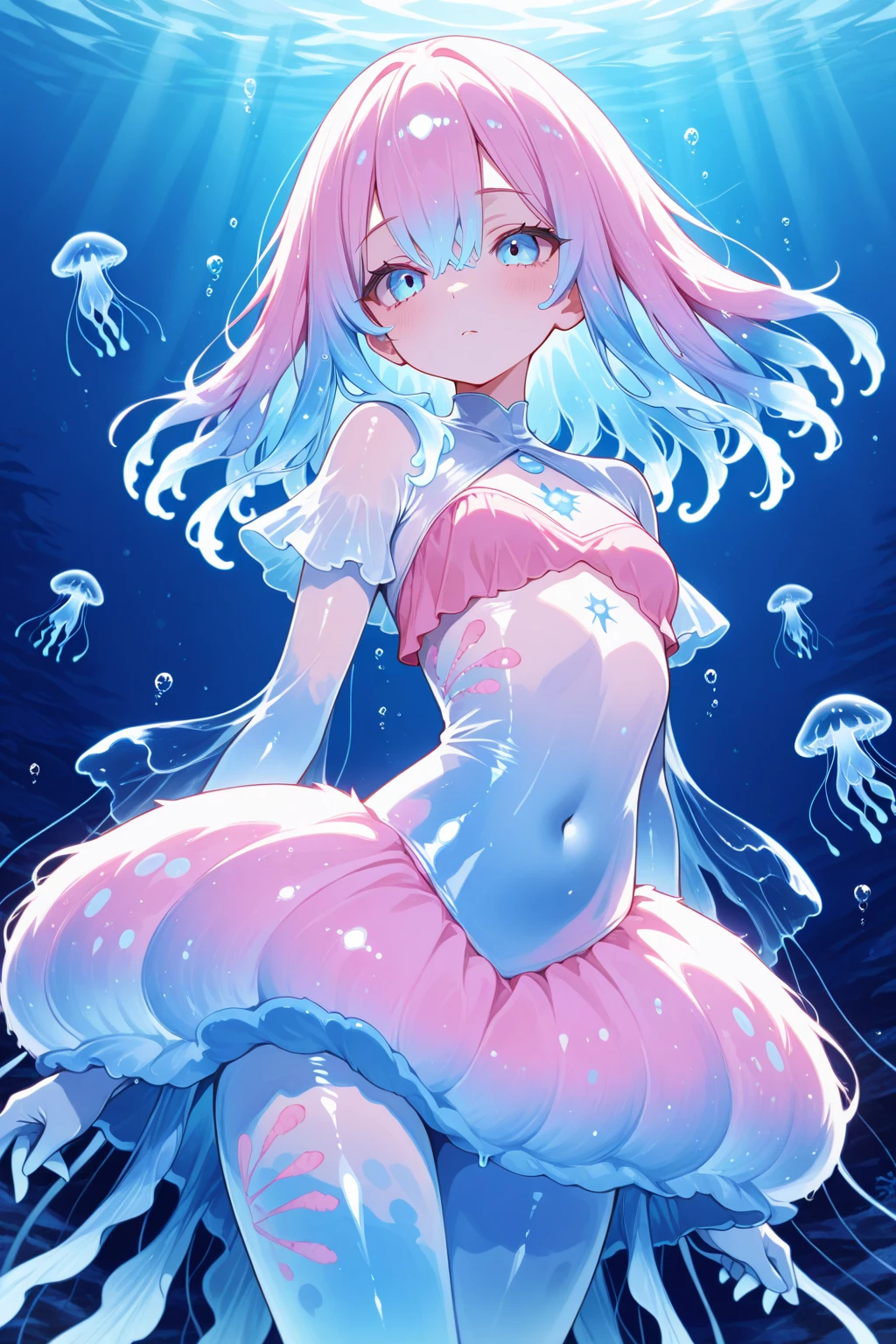 Anime, 20 years old, 1 girl,flat chest,dark skin, tan,(Jellyfish girl:1.2), red eyes, arms behind back,under the water, silver hair, very short hair, {{blue highlights in hair}},blue barrette, topless, bottomless, completely nude, spread legs, spread vaginal, spread pussy, {{{vulgarity}}}, jellyfish in pussy