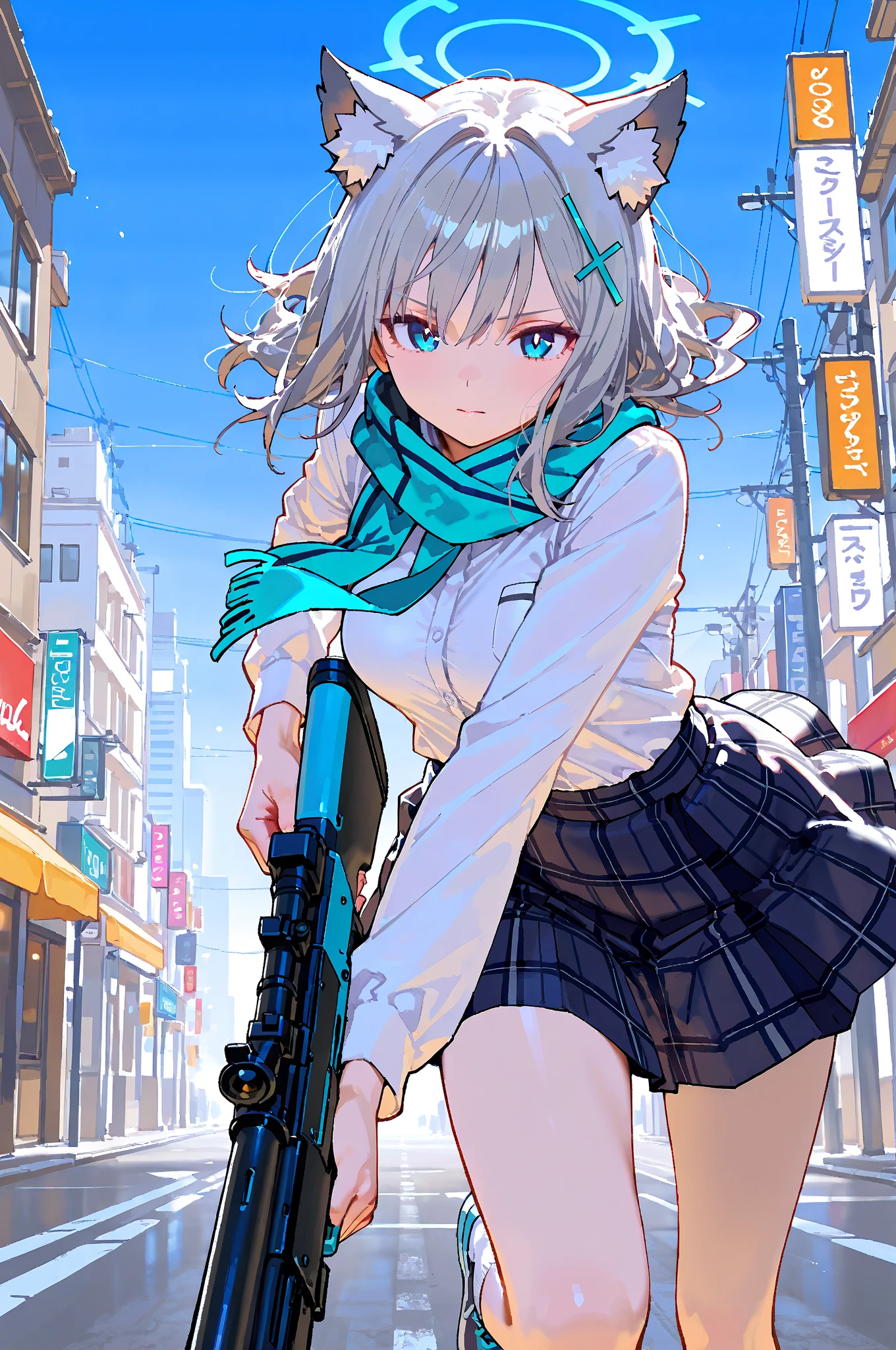 masterpiece:1.2, best quality, ultra-detailed, score_9, detailed hands, 4K, 8K, 1girl, solo, sunaookami_shiroko, wolf_ears, gray_hair, long_hair, blue_halo, blue_hairclip, blue_eyes, mature_expression, small_bust, white_shirt, plaid_skirt, blue_muffler, knees_apart, holding_white_rifle, both_hands_on_gun, running, street, city_background, urban, dynamic_pose, pencil_texture, extreme detail, realistic hands, detailed fingers