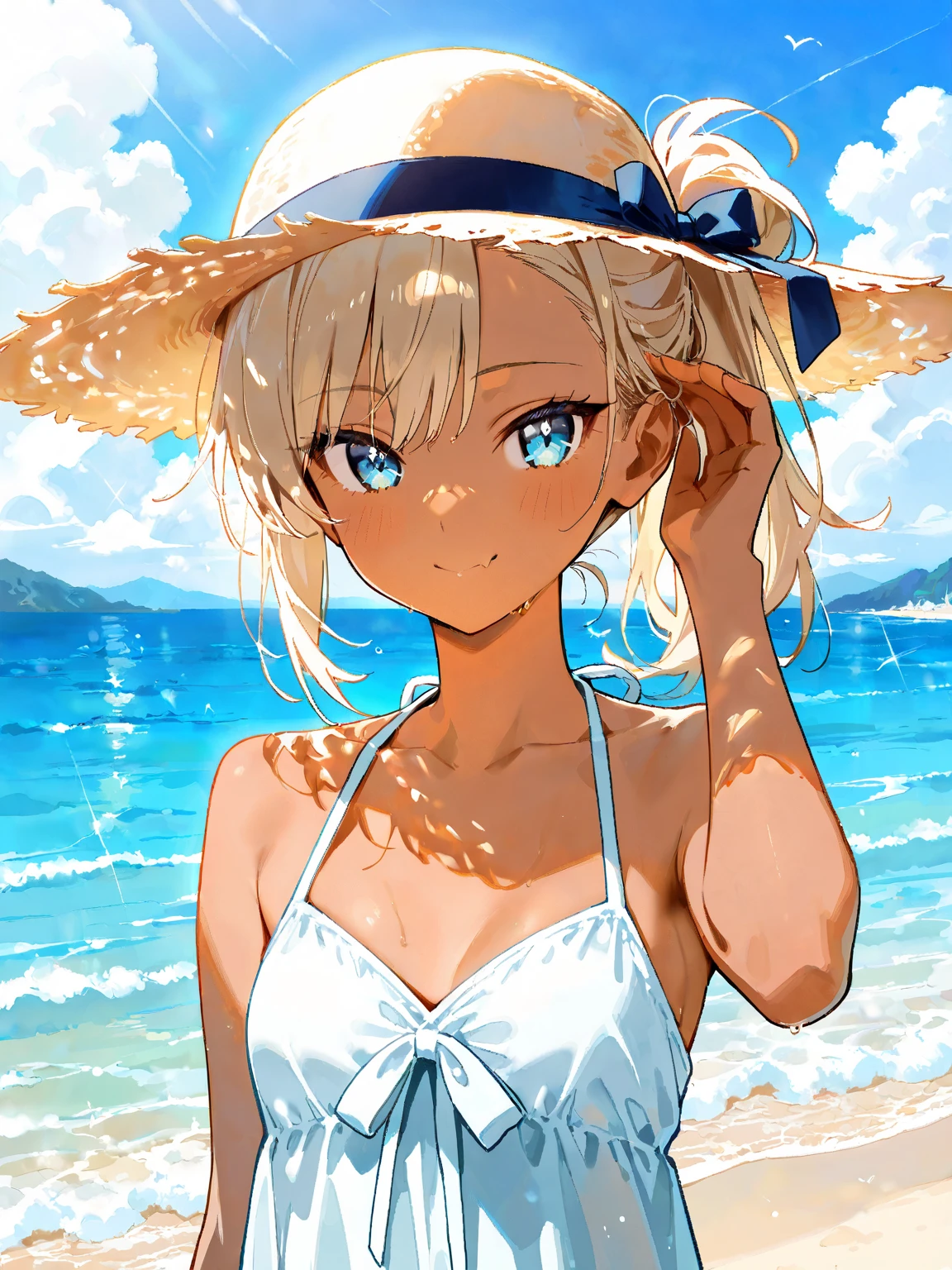 top-quality、extremely delicate and beautiful、Elementary school girls、5th grade elementary school、The bikini、mesugaki、A smile、a blond、Brown skin、The background is the sea、is standing、Twin-tailed