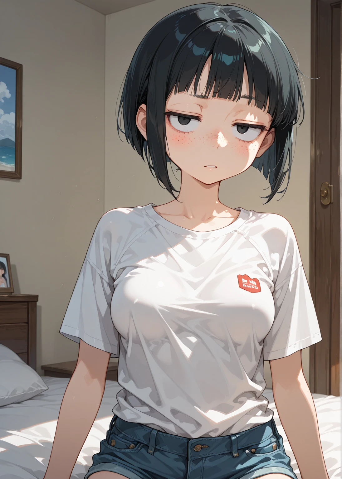 Amazing portrait of a sexy and woman with a beautiful face with seductive eyes gazing intensely at me with her soft lips parted in anticipation of a kiss which is making her blush intensely her lips are also curved in a soft smile she has her luscious black hair in a cute bun wearing a black and white striped t shirt and a dark green skirt paired with some elegant earrings her t shirt showing her medium chest and perfect body off