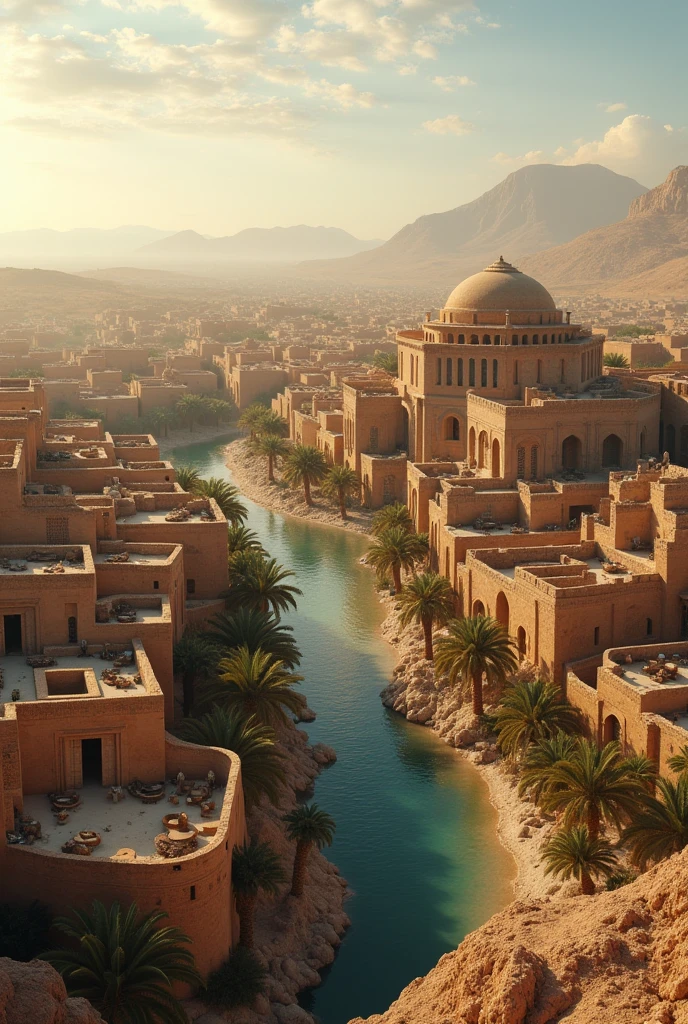 Aerial view of Madinah circa 650 CE, showing the expanded Prophet's Mosque with its palm trunk columns, surrounded by simple one-story mud-brick houses and narrow unpaved streets