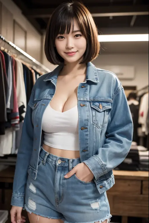Japanese plump lady, ((gigantic breasts)),cleavage, ((smile)), 20 year old, bob cut, Denim Jacket, ((leotard)), Cargo pants, ((peace sign)), exasperated:1.8, high quality:1.3, shoot from below 2.0, Professional lighting:2.0 realistic:1.2, 4k resolution, detailed skin, masterpiece:1.1, at secondhand clothing store,
