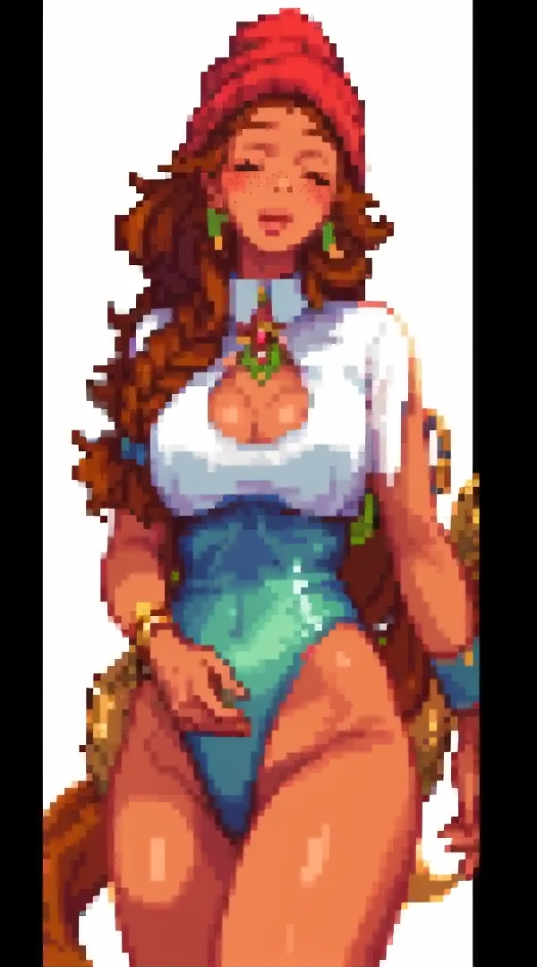 A brown-haired woman stands in a lake near a waterfall, all wet in a beautiful dress, big cleavage, plump lips, and beautiful eyes, A beautiful place, very happy, bright sun