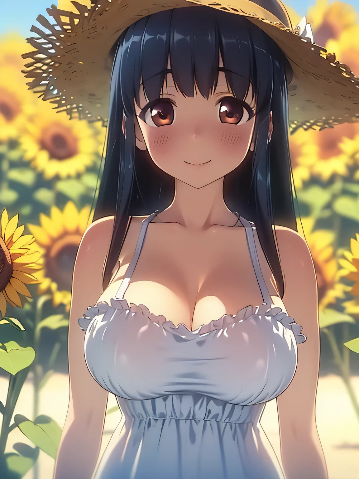 ((Highest quality)), ((masterpiece)), (detailed), (Japanese),14 years old, Black Hair,(Childish face), (Long Hair), Girl, big Breasts, Small nipples, ((Blue eyes)),half-smile ,Sarong pass, Sunlight,Profile, arched back, (extreme_close_up) ,Sunflower field,