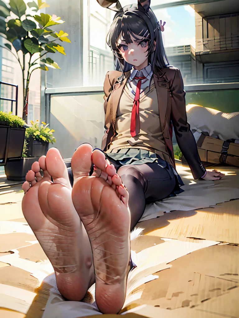 (masterpiece:1.2, Best quality), (real picture, complex parts), 1 lady, One, Sitting, Showing Legs, Showing Legs, showing soles, long hair, Eye makeup, Natural fabrics, face close up, smile, bare feet, Feet on camera, Long dark hair,  Brown eyes, Mother with a Prince., pleated skirt, big breasts, big , detailed face, correct foot anatomy, Anatomy of the foot, sexy foot, feet pointing towards the viewer, foot, soles, detailed legs, correct foot anatomy, soles, Sitting, fool, big lipds
