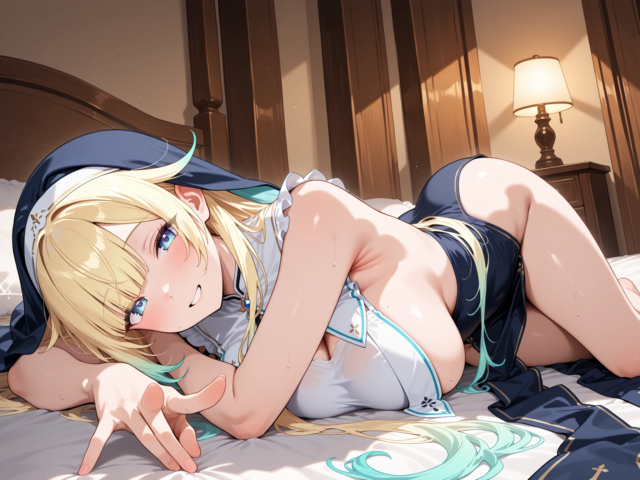 ((Highest quality、High resolution))、Beautiful woman、Perfect body、Beautiful and bountiful breasts、(tits)、long blond、bangs、Blue and white、Embellished blue sexy dress、skirt、(((ass pov、Showing panties、I'm tempting you、Woman inviting to sex)))、Outdoor Scenery、(Sexually excited facial expression)