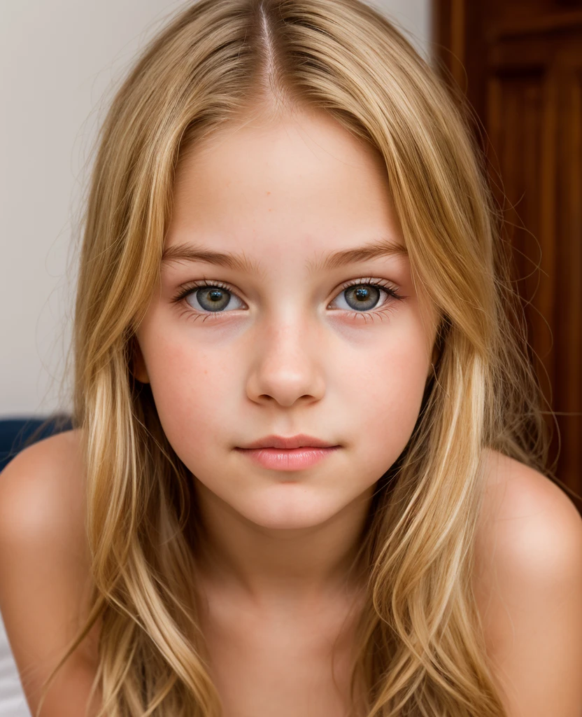 (Better image quality) face of a 10 year old girl long hair blonde green eyes ;very atractive.
