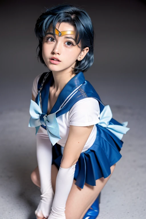 8k, Japanese, middle school girl, solo, age 18 ,Sailor Mercury, A transparent under cosplay, blue short hair, arms, legs,Face, pose, Highest quality, smile,