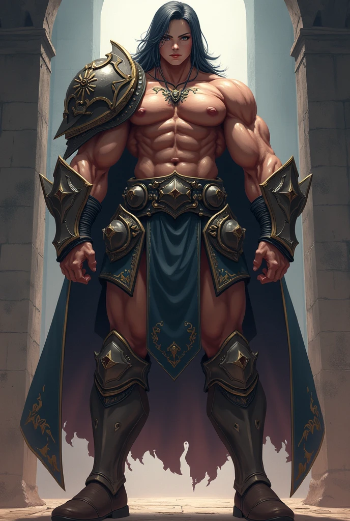 with no background, clean background, full-body standing character ((standing alone)), male babarian warrior man , perfect muscular body, serious face, long black  hair, beautiful eyes details, beautiful detailed lips, extremely detailed eye and face, Barbarian Armor, naked legs, leather sandals, ruggedly handsome, tatoo