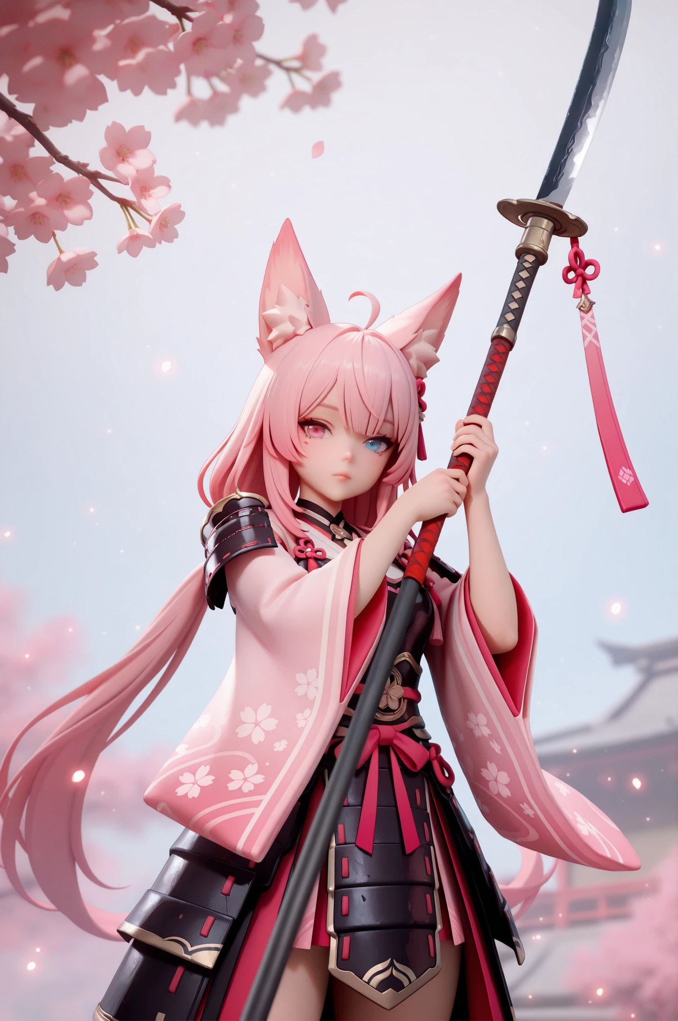 (masterpiece, best quality), amazing quality, very aesthetic, newest, hyper-detailed, solo, front view, cowboy shot, 1girl, pink hair, long hair, silky hair, ahoge, low twintail, fox ears, heterochromia, holding weapon, naginata, japanese polearm, two-handed, japanese armor, armored dress, wide sleeves, cherry blossom, (fantasy), light particles, depth of fields