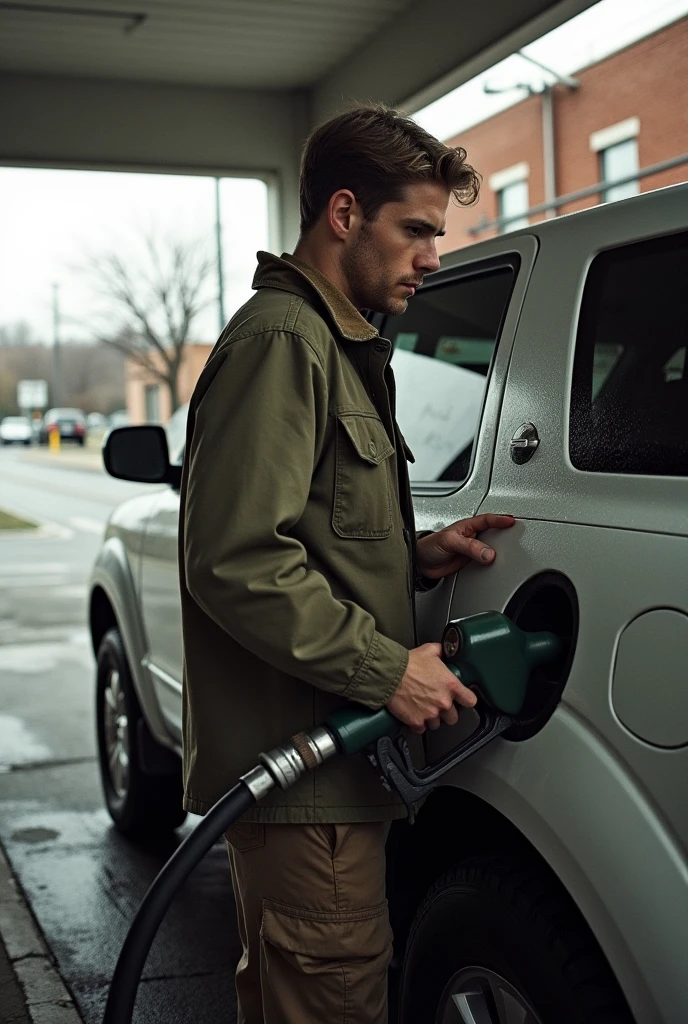 Young, thin and muscular Bolivian gas station attendant, wearing no shirt, in a green cap, green pants and black boots, filling up the tank of a black car at the gas station.