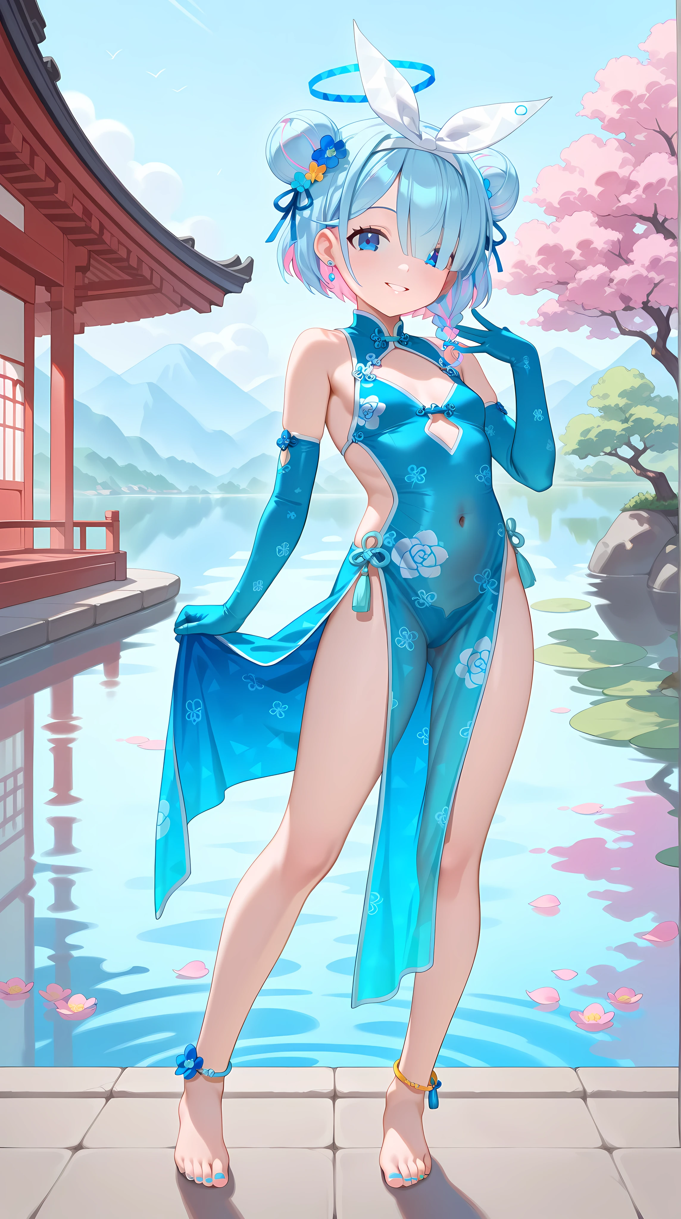 1girl,arona \(blue archive\),,colored inner hair,blue hair,pink hair,braid,short hair,blue eyes,hair over one eye,seductive smile,parted lips,barefoot, crossed_legs,see-through dress, backless dress, blue chinese clothes,sleeveless,revealing-clothes,white hairband,double bun,blue flowers print,bare foot,crossed_legs,elbow gloves,hair bun,hair ornament,jewelry,earrings,anklet,slim legs,nail polish, small breasts, solo, toenail polish, toenails, toes,g10rn0, pulling own clothes, jojo pose,standing,legs apart,outdoor,Chinese style architecture, Chinese style, lake, ancient town, beautiful and meticulous water,(spring),Surrounding by peach blossom petals