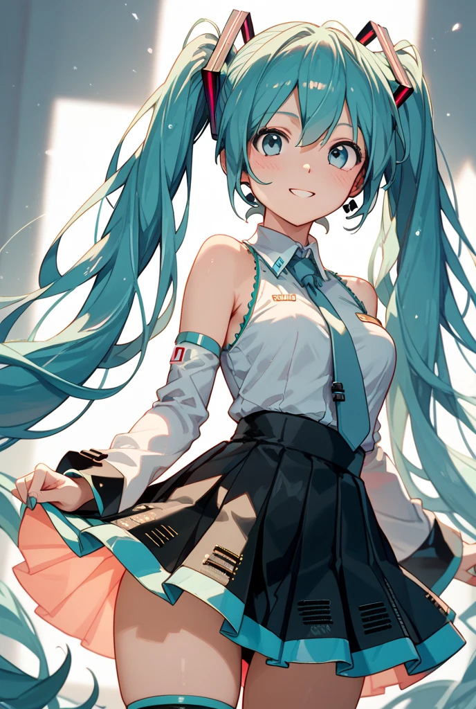 highest quality, 11 year old girl(Perfect Anatomy, Hatsune Miku), skirt lift by self, With legs apart, No underwear, No underwear, Vulva, Nipples visible through the blouse, Sexual seduction,