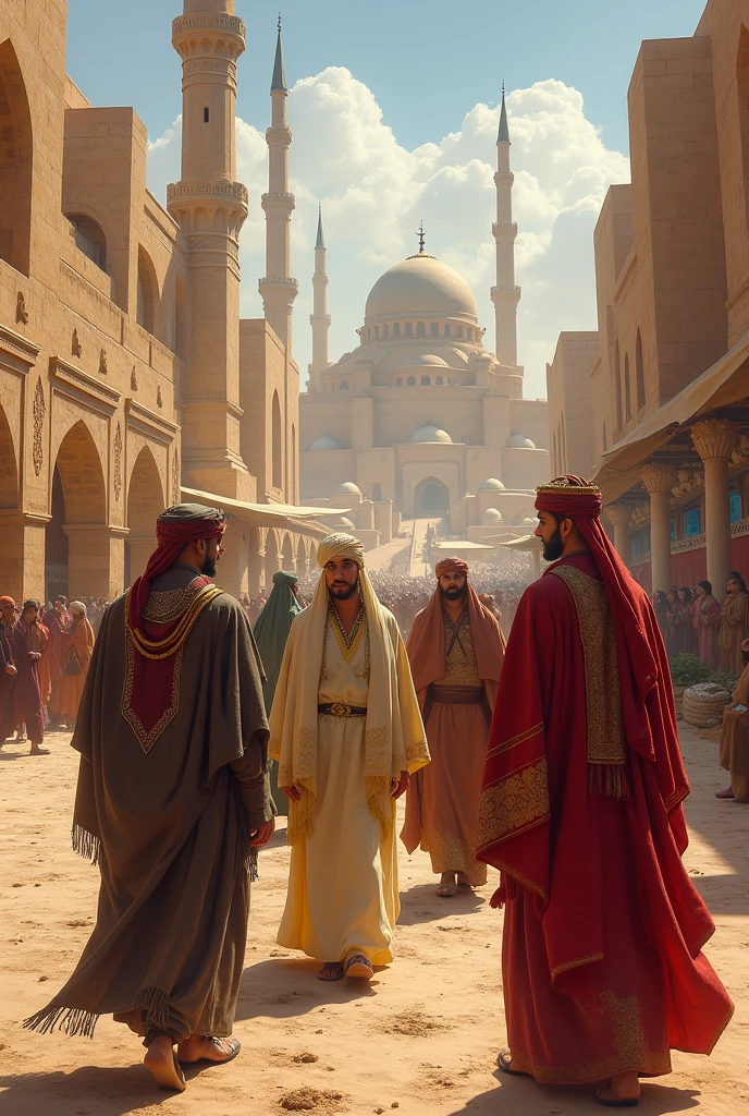 "Four Muslim men with ultra-detailed faces, looking away, are walking together in a medieval European-style church room, used as a field hospital, with Masjid-e-Aqsa visible in the background. Each man has a fit, bodybuilder physique. One is wearing a jubba/bisht, the second is in a thobe, the third in a pathani suit, and the fourth in a kurta pajama. All four are wearing kufis/caps on their heads. One man holds a tasbih (prayer beads) in his hand, another wears rings, one has a shawl or scarf draped over his shoulders, and the last is wearing a watch. The area around them is filled with fruit vendors selling various fruits. The atmosphere outside is dark, and the room is dimly lit by a small lamp. The illustration blends fantasy elements with influences from Gothic, Ukiyo-e, and Comic Art, featuring rich colors that add depth and vibrancy to the scene."