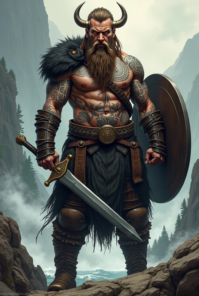 Create a black and white tattoo of a warrior gardener viking in pointillism, in profile screaming with Viking runes and sharp axes for a tattoo