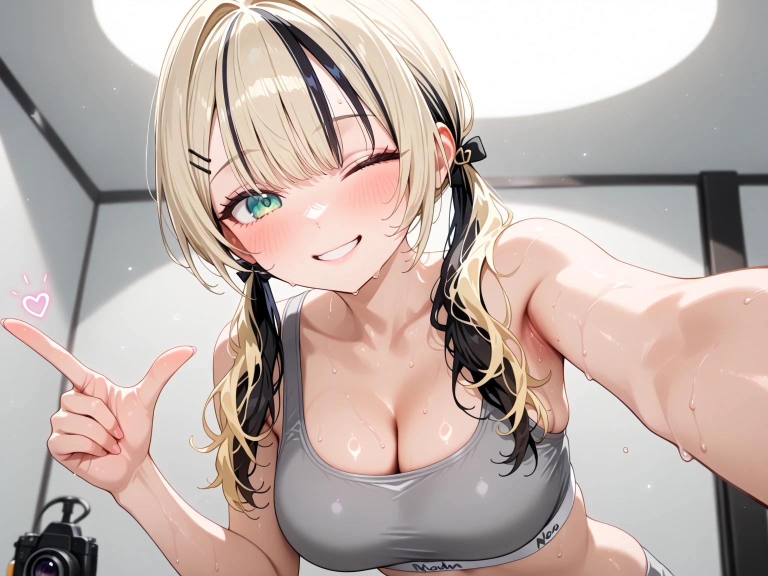 ((masterpiece,best quality)),high resolution,ultra detailed, detailed background,8k,16k,perfect lighting,detailed beautiful eyes,1girl,solo,embarrassed,blush,look at viewer,steam,sweat,in heat,happy smile,open mouth,tear,(show off armpits,upper body:1.3),topless,kirara,blond hair,green eyes,medium breast,kawaii,classroom,school swimsuit,cat ear