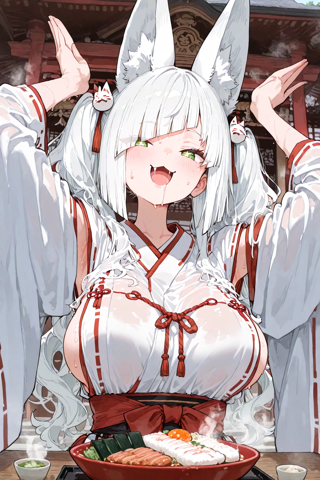 1girl, gigantic breasts, yukata, japanese_style, night, two side up, cat ear,hyper breasts, open_yukata, off-shoulder, full_body , blush, (sweaty:1.5), large areolae,chains, (torn clothes:1.3) ,Lactation, ahegao, nipples, nsfw