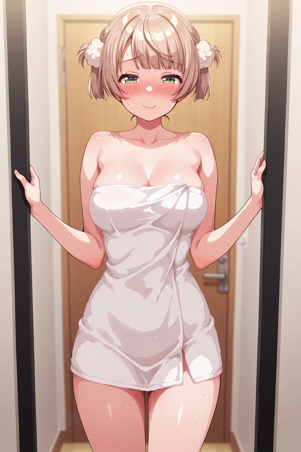 、(masterpiece、Highest quality)、Highest quality, Ultra-high resolution, (((masterpiece))), alone, Sweat、Big eyes, Composition from the front、Shortcuts、Embarrassed face、Bronze colored hair、Cut the back hair short、Bathroom、Shower scene、 Expose、Completely naked、pubic hair、belly button、Large areola、Nipples、short hair