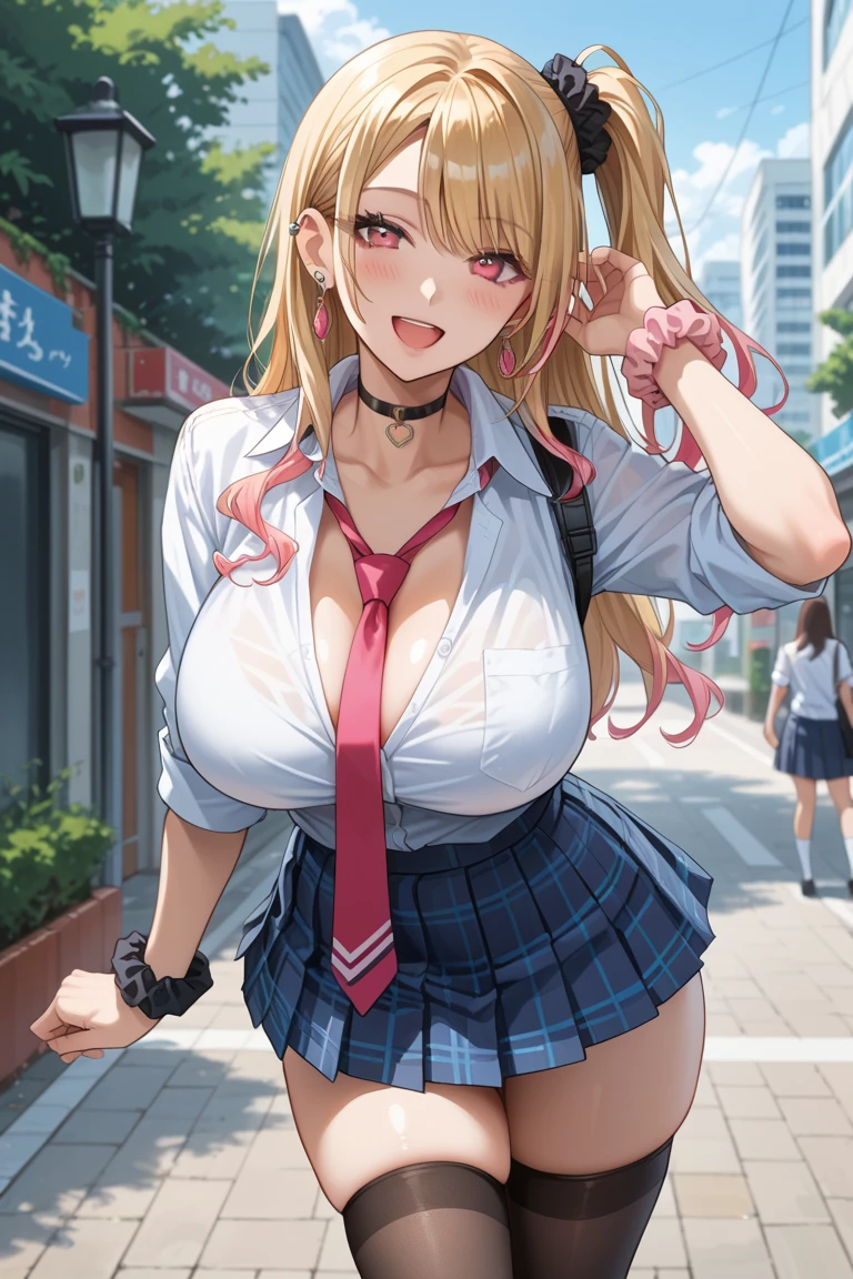 masterpiece, best quality, highres, kitagawa marin, 1girl, blonde hair, long hair, multicolored hair, red eyes, jewelry, earrings, piercing, , white shirt, tied shirt, black choker, blue necktie, plaid skirt, grin, smile, standing, cowboy shot, outdoors, bikini