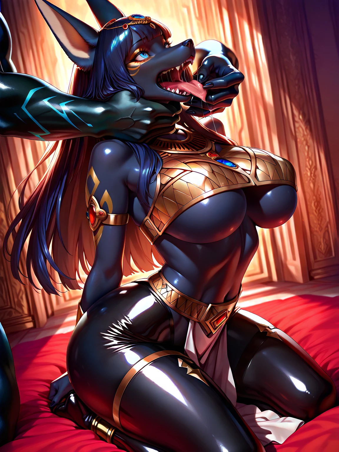 ((highest quality)), ((masterpiece)), (detailed), (Perfect Face)、The woman is an alien named Mercury, wearing a gorgeous alien dress decorated in purple and black with gold, with short blue hair and a completely alien body.、The woman happily embraces the powerful Alien King and has sex with him, inserting his genitals into her vagina and ejaculating a large amount.