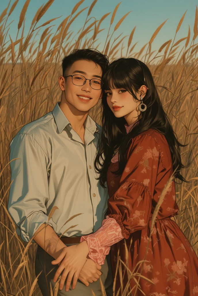 A beautiful Vietnamese girl with sexy breasts, detailed big breasts, detailed beautiful eyes, detailed beautiful lips, detailed long black hair, detailed eyes, extremely detailed face, long eyelashes, detailed eyelashes, intimate moment with boyfriend, girl leaning her head on man's shoulder, Vietnamese man boyfriend, bald head, short hair cut close to head, slightly tanned skin, oval man's face, man wearing glasses, country farm setting, rolling hills, golden sunlight, smooth bright skin, sexy pose, intimate romance, provocative, realistic, 8k, super detailed, masterpiece, dramatic lighting, warm color palette, raw image quality, high quality photo, clear net resolution, (8k, high resolution, RAW image, realistic, realistic: 1.3), (detailed skin texture, detailed fabric texture, detailed water, detailed body texture, face beautiful details: 1.25), professional lighting, photon mapping, beautiful soft light, radiation, physically based rendering, ray tracing, model shooting style, model shooting style, (unity 8k super detailed CG background), full body photo of the world's most beautiful artwork, (8k, high resolution, RAW image, realistic, photorealistic: 1.3), (detailed skin texture, detailed cloth texture, detailed water, detailed trees, detailed textured flowers, detailed leaves, detailed colors, beautifully detailed faces: 1.25), professional lighting, photon mapping, beautiful soft light, radiation, physically based rendering, ray tracing, model shooting style, model shooting style, (unity 8k super detailed CG background), the world's most beautiful full body artwork,