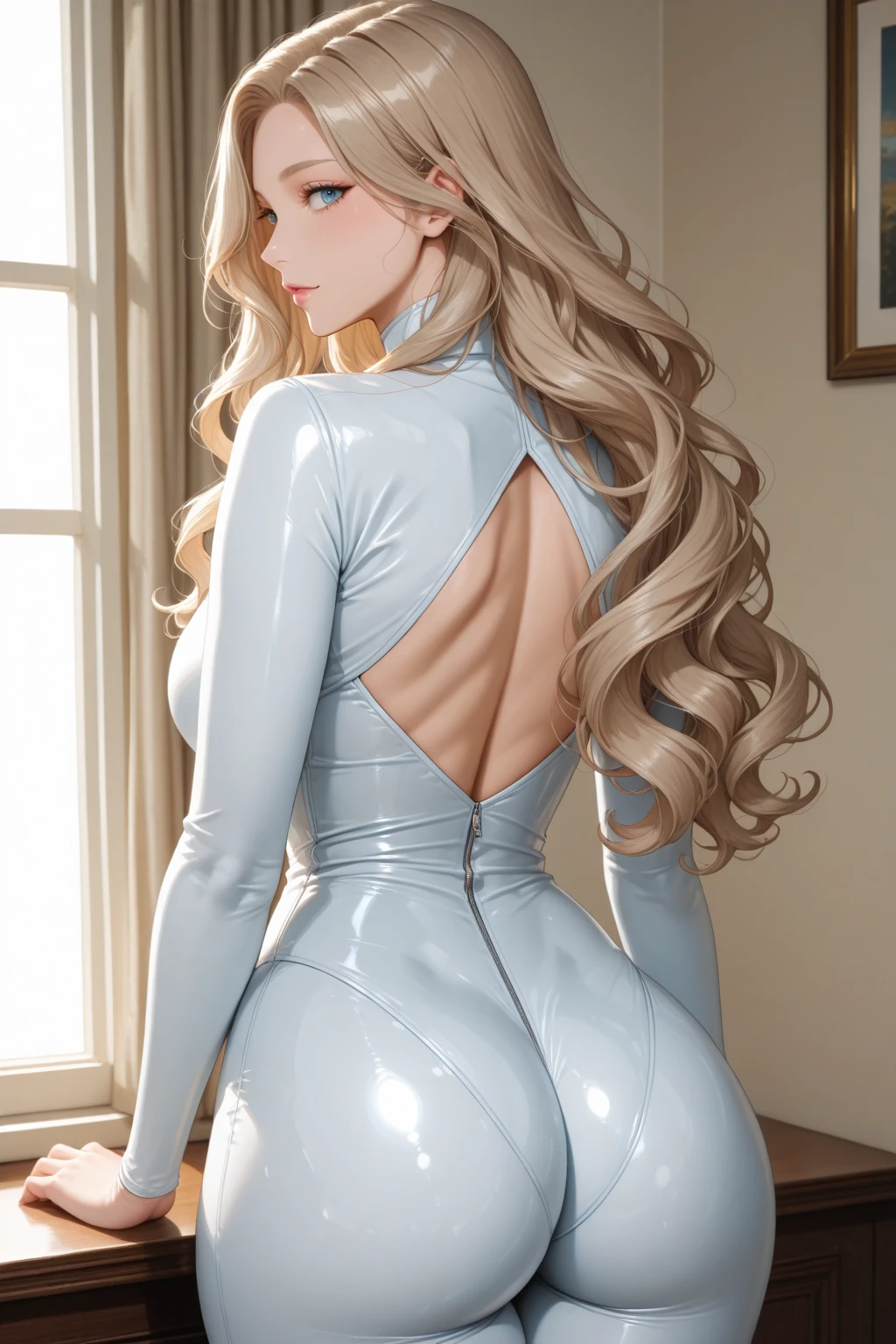 masterpiece, best quality, beautiful young woman,golden curly hair,Blue eyes,white fox ears, Cybersuit,stands with her back to us