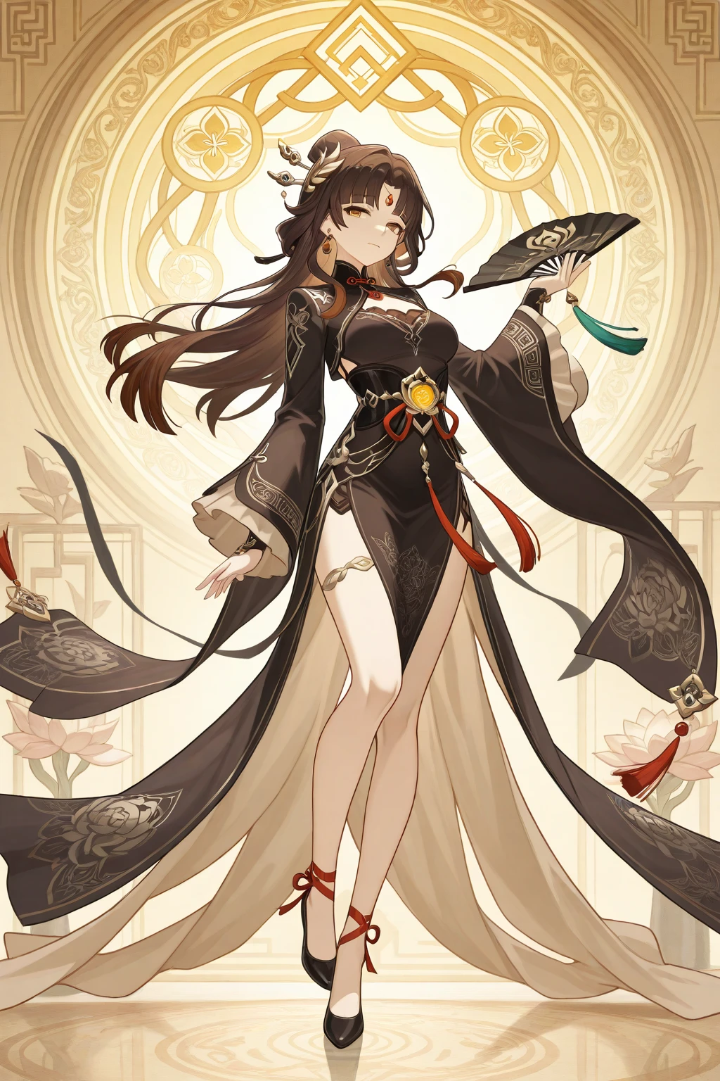 Pain wheel,red eyes,brown hair,Single bun,Black sclera,little breast,The barefoot,Black nail polish,vein,a scar,suture,squatt, garments,white dresses,side split,pantyless,mouth mask,Side Chest,collars,arms cuffs,bare shoulders,cover, PWblade,huge weapon on back (insanely details,beautifull detailed face,tmasterpiece,Best quality at best)