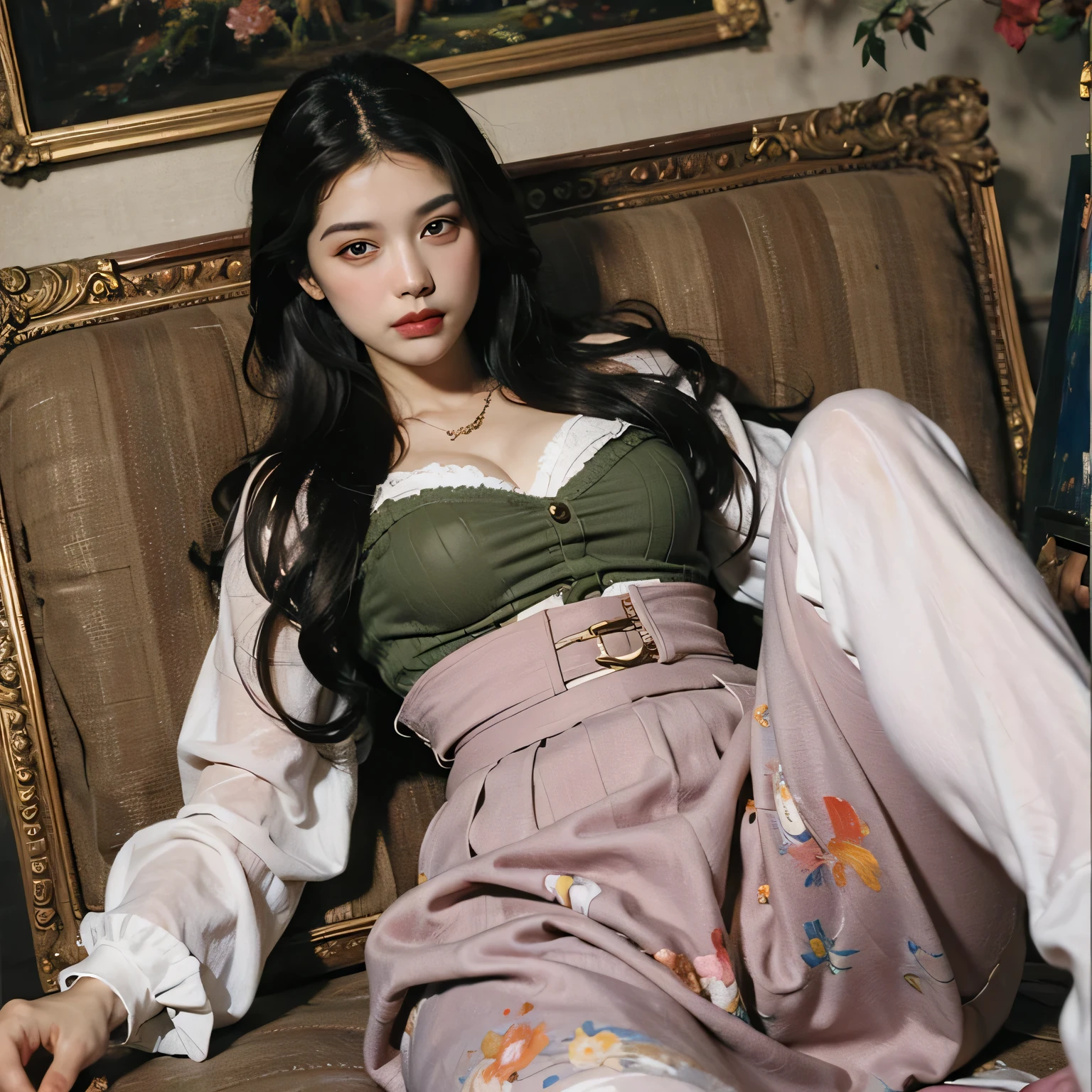 Top image quality、Raw photography、超A high resolution、Cute girl at 18 years old、Shooting for one person only、big round chest、cleavage of the breast、Patterned tank top、Skirt、Shiny hair、Beautiful Eyes of Details、very elongated eyes、Beautiful eyelashes、Beautiful double eyelids、Beautiful legs、eyeshadows、耳Nipple Ring、Posing like a fashion model、Wear clothes of famous designers