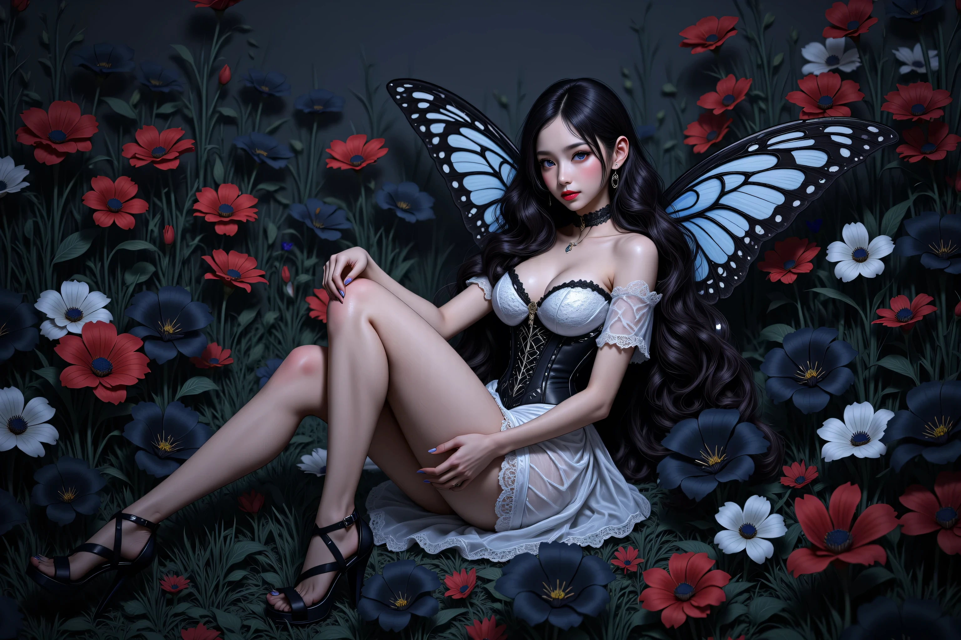 ((Biologically correct limb count))、((Full Body Shot, Full-body photo including face、Head to toe photos))、4K、masterpiece、((Focus on the face))、((Symmetrical facial features))、Eyes of meticulous depiction、Beautiful woman、Great style、Beautiful legs、Detailed depiction of the face、Small earrings、necklace、Park scenery with seasonal blue flowers in full bloom、Low Angle、(smile)、((Many colorful butterflies fluttering about))、Outdoor、garden、Sit on a chair、Cute Woman、(Full nudity)、Underarm、Spread your legs、(pubic hair)、Waist up shot、From below、


