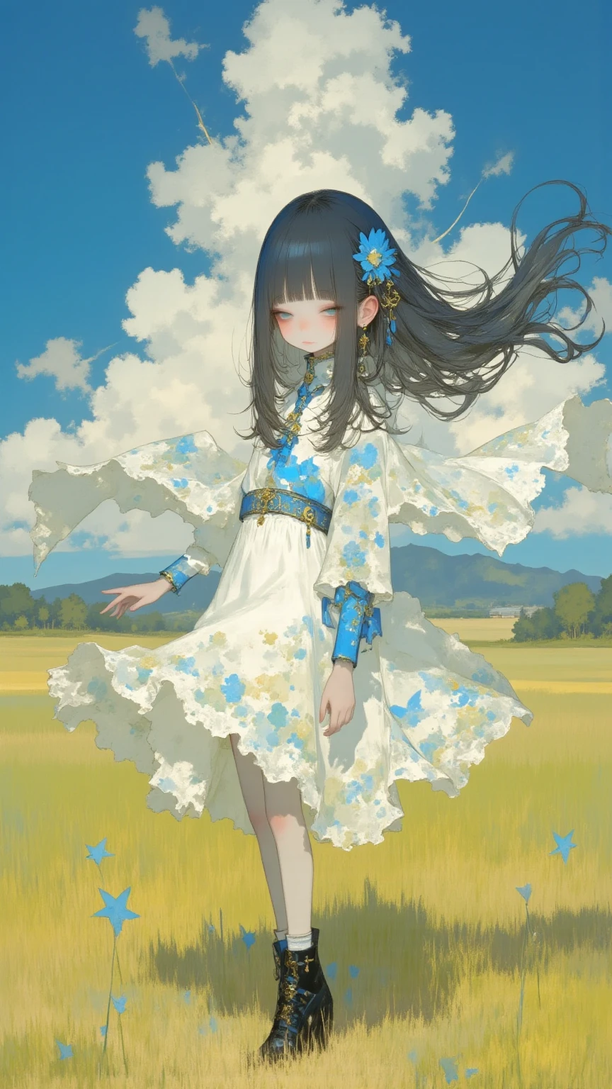 1girll,grass field,Bitian,baiyun,Blue bird