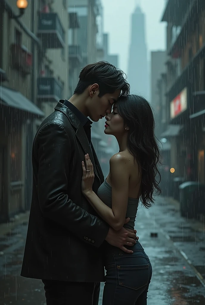 Creates a tall black-haired boy with no shirt hugging a short black-haired girl in a dark, narrow alley in the rain.