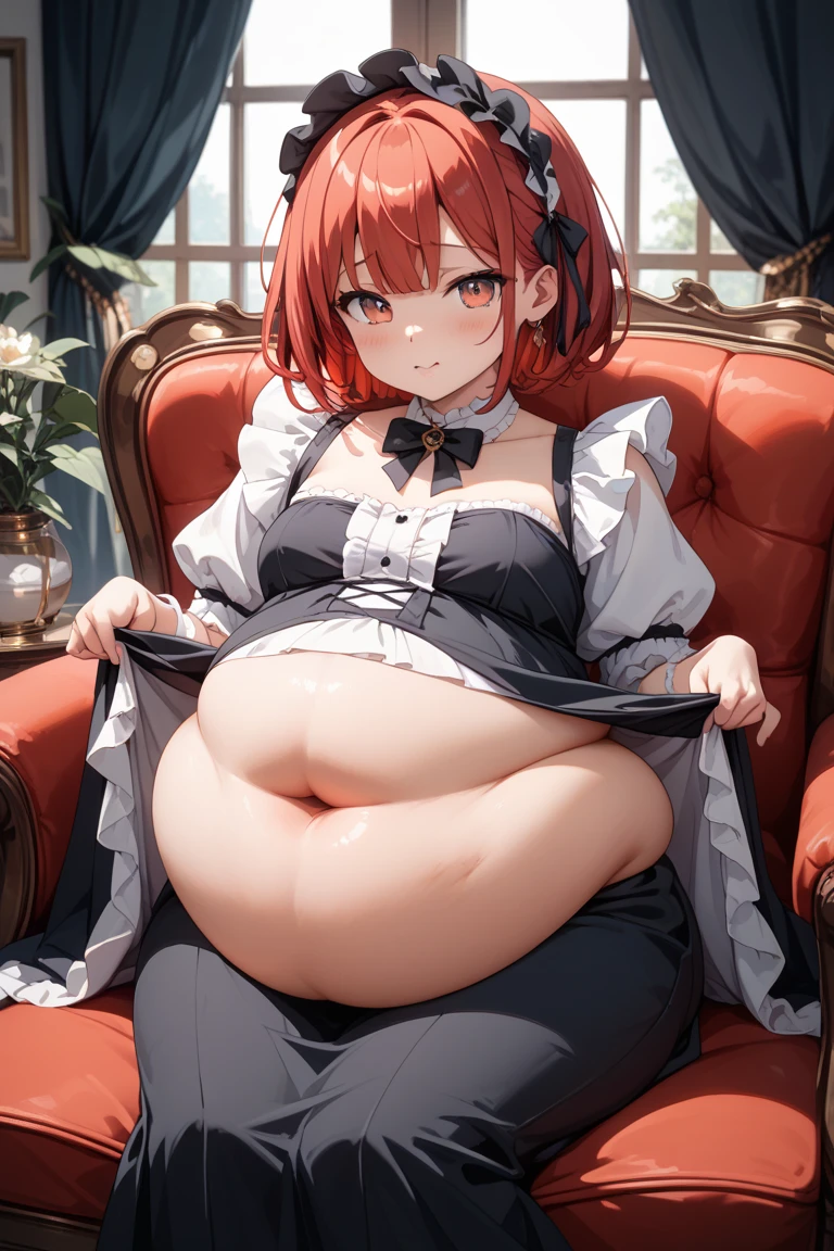 (best quality,4k,8k,highres,masterpiece:1.2), ultra-detailed, (realistic,photorealistic,photo-realistic:1.37), HDR, UHD, studio lighting, ultra-fine painting, sharp focus, physically-based rendering, extreme detail description, professional, vivid colors, bokeh, portraits, photography, (best quality,masterpiece:1.3), (mature woman, milf), (tall:1.2), anime, masterpiece, beautiful eyes, best quality, detailed face, 1girl, solo, beautiful, houshouBase, heterochromia, red eyes, yellow eyes, twintails, long hair, hair ribbon, large breasts, white gloves, frilled choker, red ascot, leotard, leotard under clothes, red jacket, cropped jacket, sleeveless jacket, black coat, off shoulder, bicorne, red skirt, miniskirt, leather belt, black thighhighs, huge breasts, huge belly, bloated belly, stuffed belly, plump, chubby, curvy, chubby girl, belly, big belly, fat belly, 