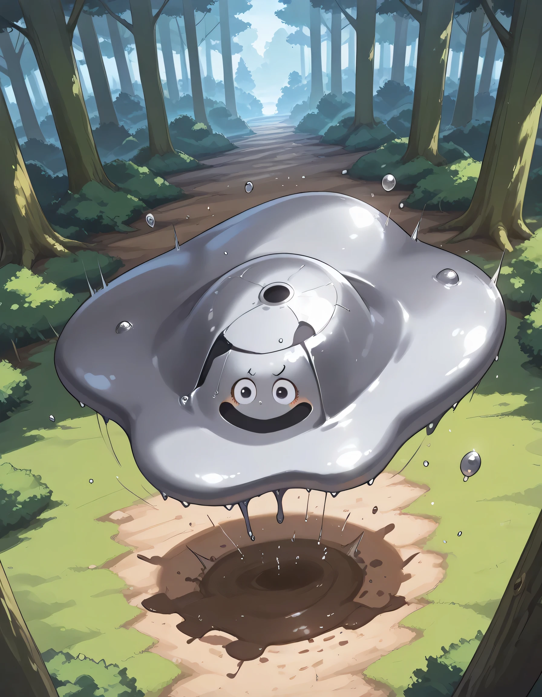 score_9,score_8_up,score_7_up,best quality,masterpiece,super detailed,extreme detailed,from above,full_body,zPDXL,source anime BREAK nature,forest,
<lora:Pony_DetailV2.0:1> BREAK hagurin,liquid metalslime (dragon quest),<lora:hagurin-000040:0.8>,(forward jumping pounce on),no legs,