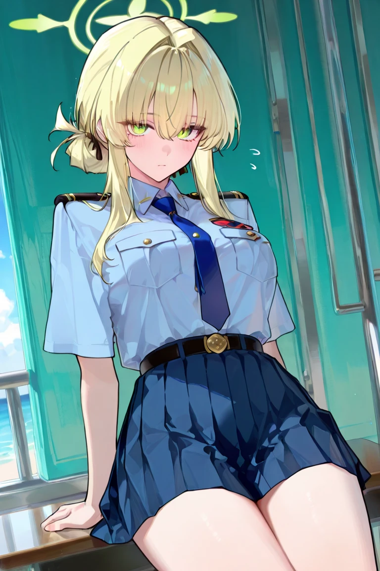 Hostess on a plane, sexy, short skirt, red thong, blue uniform, ponytail hairstyle, athletics, view from below, extreme skin definition, detail to the maximum. sensual