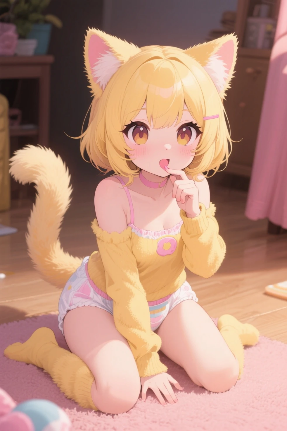 1girl, whisker markings, animal ears, solo, tail, closed eyes, cable knit, facial mark, sweater, short hair, aran sweater, headphones, open mouth, orange hair, tiger tail, smile, indoors, breasts, armpits, fangs, turtleneck, cat ears, tiger ears, medium breasts, cat tail, teeth, turtleneck sweater, pink sweater, arms up, blurry