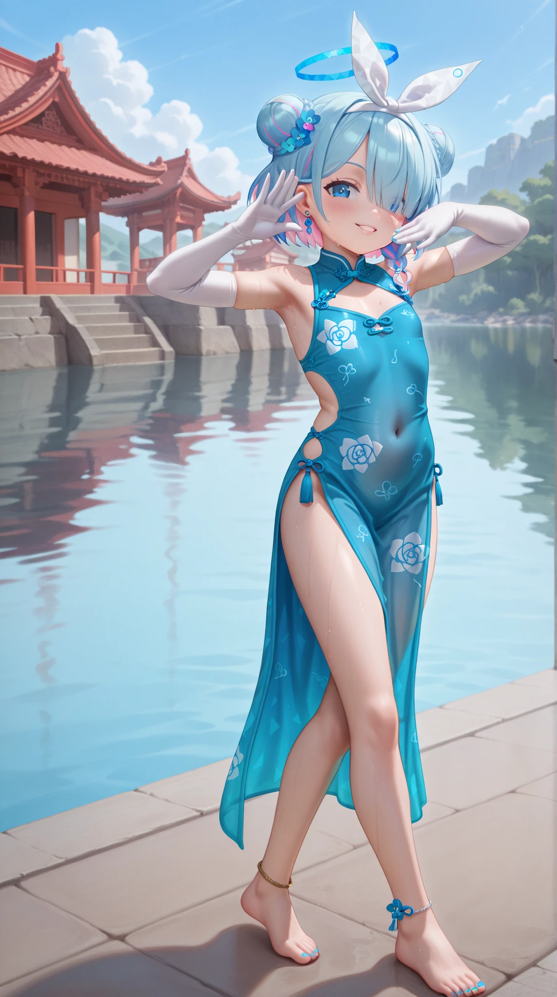 araffe in a swimming suit standing in a pond of water, japanese swimming suit, in swimming suit, wearing swimming suit, traditional japanese, swimming suit, wearing a swimming suit, pale and coloured swimming suit, wearing swimming suit, graceful japanese woman, in a swimming suit