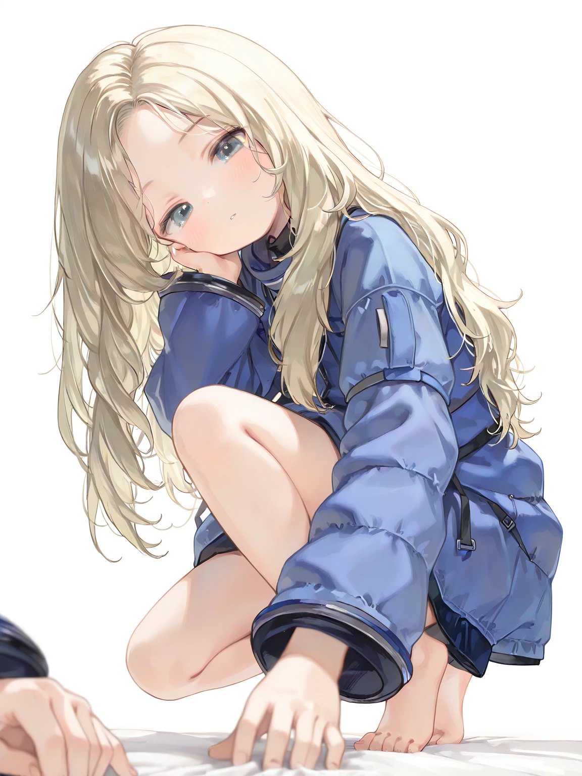 (masterpiece, best quality, good quality), side view, illustration, lovely girl, 1girl, very awa, xdianax, blonde hair, blue eyes, barefoot, (plain white background), (loli), little girl, leaning foward, foreshortening, looking at viewer, head tilt, depth of field, pov, 