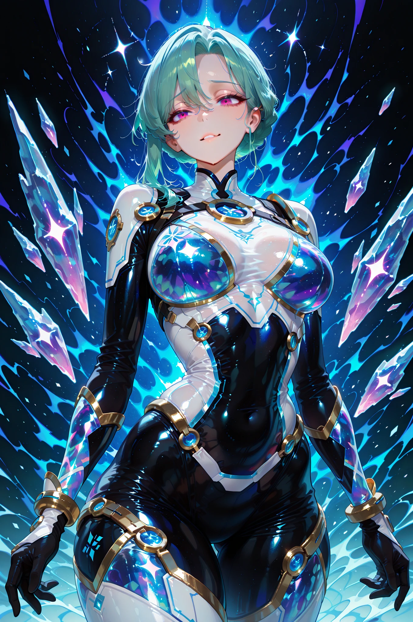 Realistic, (Masterpiece, Top Quality, Best Quality, Official Art, Beauty and Aesthetics: 1.2), Very Detailed, Fractal Art, Colorful, Most Detailed, Zentangle, (Abstract Background: 1.5) (1girl), God, Blonde Hair, Short Hair, (Glowing Blue Eyes), Pectals, Abs, Mysterious, (Magic), Crystal