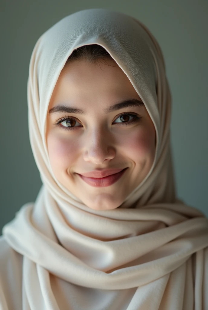 Malaysian girl naked wearing hijab, beautiful face smiles sweetly, small breasts
